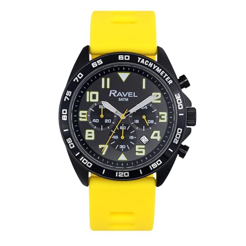 Ravel Plus - Schwarze Chronographen-Sportuhr für Herren (46 mm) mit Silikonarmband - 50m Wasserdicht - Japanischer Analogquarz - RP.CHR.004M - Gelb