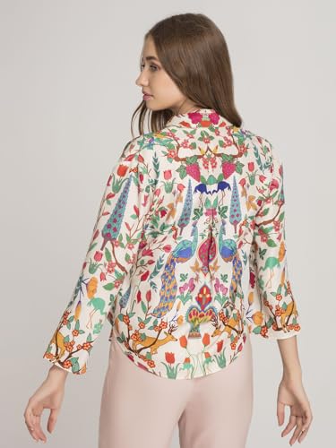 Image of SHAYE Cream Casual Long Sleeves V-Neck Floral Printed Satin Top for Women