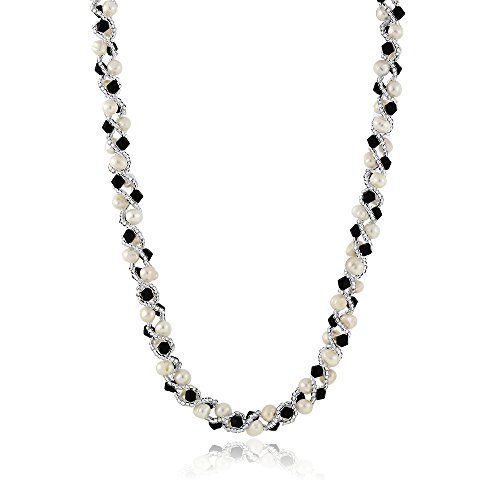 Gem Stone King White Cultured Freshwater Pearl and Black Crystal Necklace Bracelet Wedding Jewelry Set For Women | Necklace 17 Inch | Bracelet 7 Inch2