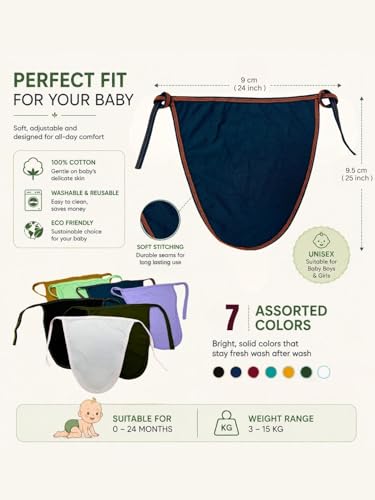 Image of Rigo Baby Cotton Cloth Diapers | Reusable Adjustable Nappy | Pack of 7 | 100% Cotton, Pack Size: 7, Adjustable Tie-Up, 0-24 Months, Machine Washable, Reusable