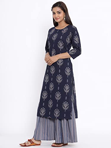 Image of Doriyaan women Floral Printed straight cotton kurta With Sharara salwar suit Set Blue