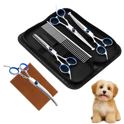 Menibeuty 5 En 1 Colocar para Tijeras Peluqueria Canina,Tijera Adelgazar,Tijeras Curvas,Tijera Recta,Peine, Puntas Redondas de Seguridad Tijeras Perros Cortar Pelo para Aseo Mascotas Bricolaje