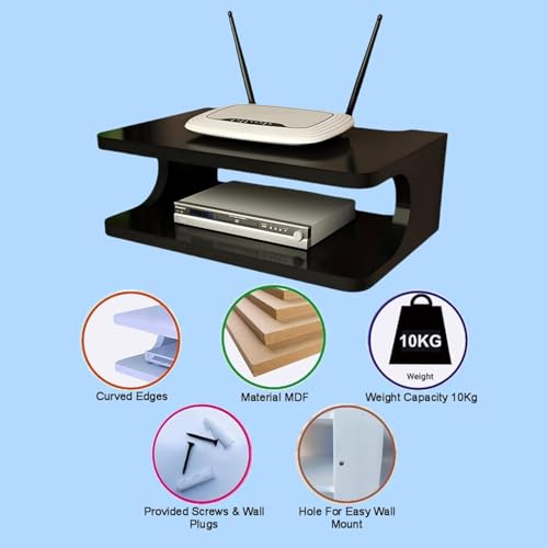 Image of Floating Wall Mounted TV Shelf for Set Top Box, WiFi Router, Gaming Console & Decorative Items | Modern Wall Storage Rack for Living Room, Bedroom & Office (Black)