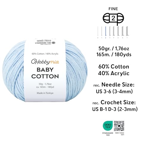 Image of Baby Cotton Blend Yarn - Soft Sport Weight Yarn for Crochet & Amigurumi - 50g /180yds - 60% Cotton 40% Acrylic - Ideal for Baby & Knitting Proj.(So Light Blue, 2 Balls)