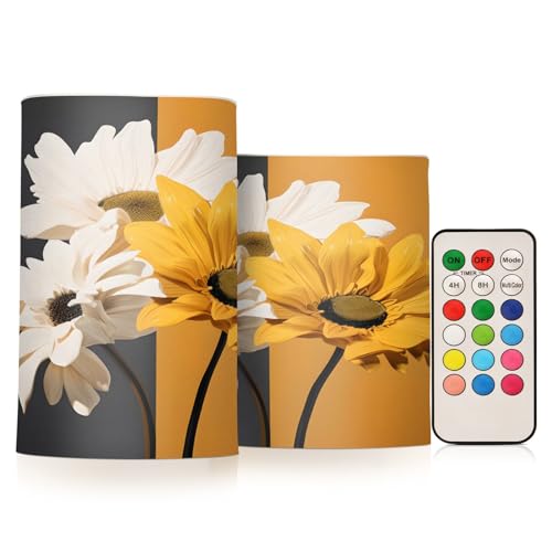 ALAZA Yellow White Flowers (3) Flickering Flameless Candles Battery Operated with Remote Timer,Tea Light Candles LED Pillar Votive Candles Set of 2 for Outdoor Indoor Decorations