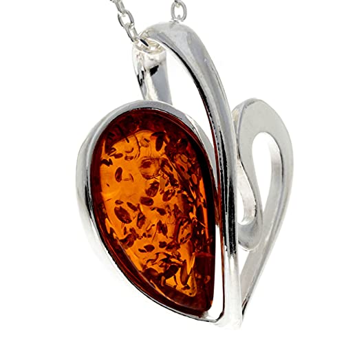 Genuine Cognac Baltic Amber & Sterling Silver Modern Heart Pendant without Chain - GL20154