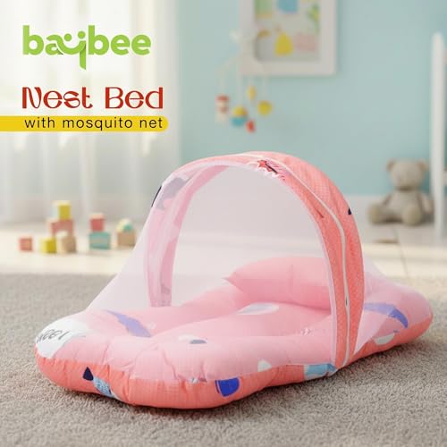 Image of BAYBEE 3 in 1 Baby Bedding Set with Mosquito Net, Foldable Infant Mattress, Portable Travel Nest, Cotton Lounger, Carry Bed with Pillow, Gift for Baby Boy Girl (Pink)