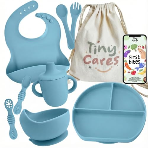 TINYCARES Vajilla Bebe Silicona, Vaso Aprendizaje y Cuchara Bebe Aprendizaje para Desarrollo Motor de Bebes, Vajilla Infantil, Cubiertos Infantiles. Incluye Bolsa de Algodón y Guía Recetas BLW