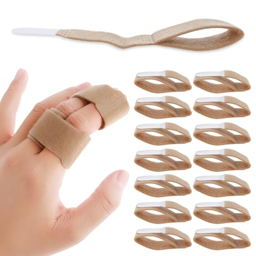 DSLSQD 14 Pack Finger Buddy Straps, Buddy Tape Finger Splints No Slip Hook and Loop Finger Splints Washable and Reusable Finger Sleeves Protectors for Jammed Swollen Dislocated Joint(Natual)