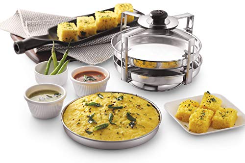 Image of Komal Stainless Steel Dhokla Maker, Thatte Idli Maker, Big Plates Set With Stand Suitable for Outer Lid Cooker,3 Plates,Silver, Standard