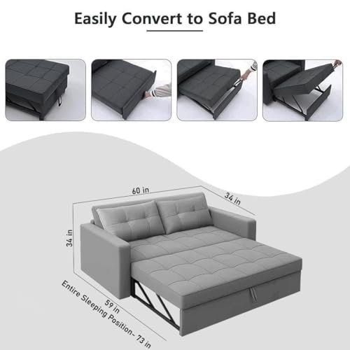 Image of FURNY Tressa 2 Seater Pull-Out Premium Fabric Sofa Cum Bed Sofa Set for Living Room (Light Grey Fabric) with Velvet Fabric