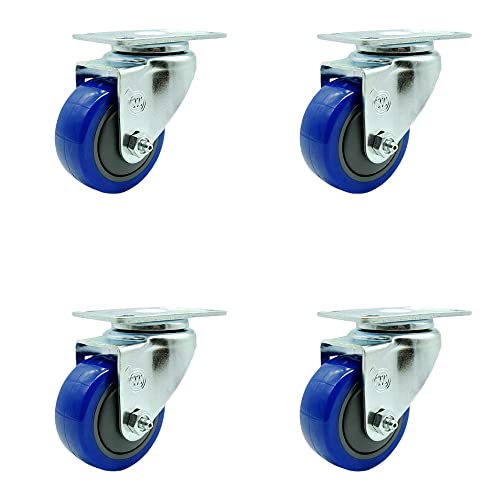 Polyurethane Swivel Top Plate Caster Set of 4 with 3 Inch Blue Wheels - Includes 4 Swivel - 1200 lbs. Total Capacity - Service Caster Brand