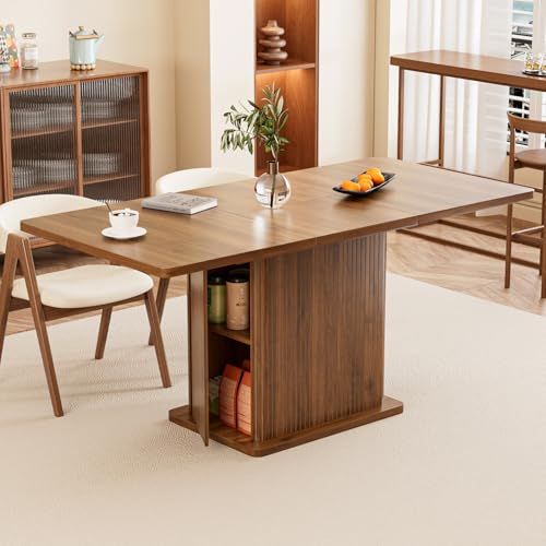 Extendable Kitchen Dining Table for 4-8, 47-65 Inch Rectangle Dining Room Table with 2 Doors, Large Storage, Mid Century Modern Dinner Furniture, Living Room, Space Saving, Square, Fluted, Walnut