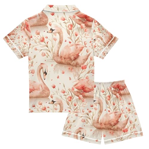 senya Graceful Swans Dancing Satin Summer Pajama Sets Silk Short Sleeve Button Down Sleepwear2