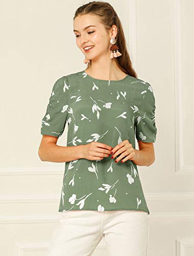Allegra K Women's Floral Blouse Crew Neck Valentine's Day Casual Shirred Short Sleeve Top3