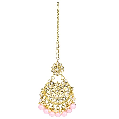Image of Peora Kundan & Beads Studded Necklace Earrings & Maangtikka Set Ethnic Jewellery for Women & Girls