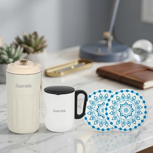 Image of Giftana 3 in 1 Personalized Tumbler 420ml with Coffee Mug & 2 Coasters - Customized Gift Set for Men & Women, Ideal for Husband, Father, Corporate Gifts for Employee (White)
