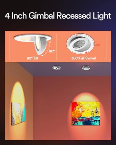 Image of Lumary 4 Inch Smart Recessed Lighting, 355+90 Adjustable Gimbal light, COB Color Changing LED Ceiling Light, 7W 26 Beam Angle Eyeball Downlight, Work with Alexa /Google Assistant, ETL-Listed, 4 Pack