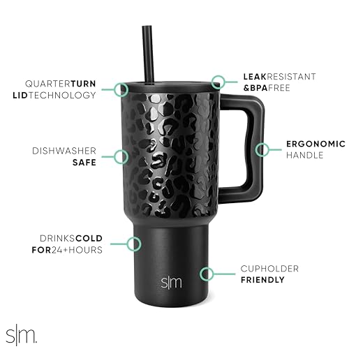 Image of Simple Modern 30 oz Tumbler with Handle and Straw Lid | Insulated Cup Reusable Stainless Steel Water Bottle Travel Mug Cupholder Friendly | Gifts for Women Him Her | Trek Collection | Black Leopard