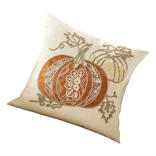 洗える秋テーマのクッションカバー カボチャと葉の刺繍付き ソフトポリエステル スローピロー リビングルーム用 パンプキン メープルリーフ 枕カバー