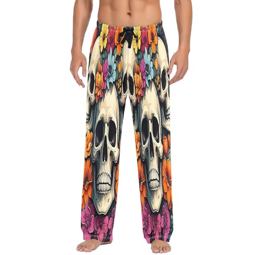 Qilmy Flowers And Plants Skull Men's Cotton Pajama Pants, Lightweight Lounge Sleepwear with Drawstring and Pocket2