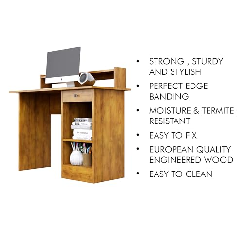 Image of Bniture Wooden Study Table for Home | Engineered Wood Study Table with Book Shelf | Multi Purpose Computer Desk for Study & Writing | Laptop Table for Home with Drawers & Storage Shelf | Giant Wood