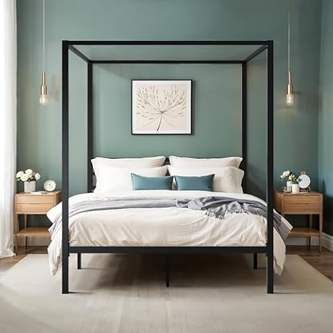 HOOMIC Canopy Bed Frame, Enhanced 4-Poster, 3-Metal Crossbar, No Box Spring Needed, Easy Assembly, Full Size, Black Cover