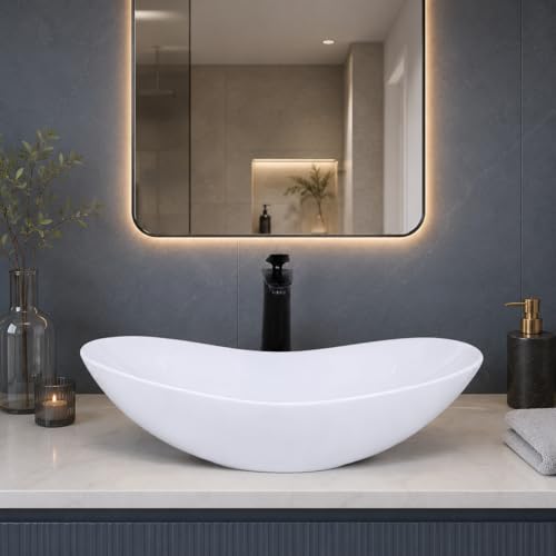 Image of QUALITO Boat Shape Table Top Wash Basin for Bathroom, Living Room, Hall, Dinning Room | Countertop /Over Counter Ceramic Vessel Sink /Basin | Marble Ceramic Wash Basin (White, 24x14x5.5 Inch)