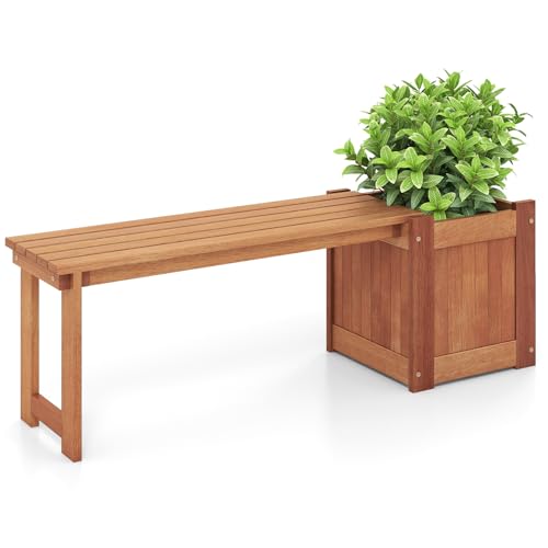 HAPPYGRILL Outdoor Bench with Raised Garden Bed, Wood Planter Box with Spacious Seat, Open-Ended Base for Herbs Fruits Vegetables, 2-in-1 Garden Bench for Yard Balcony