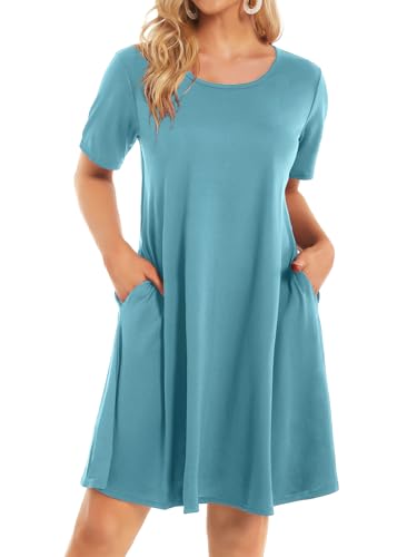 elescat Tshirt Dress for Women Summer Casual Beach Swing Loose Sundress with Pockets(Light Blue,XL)