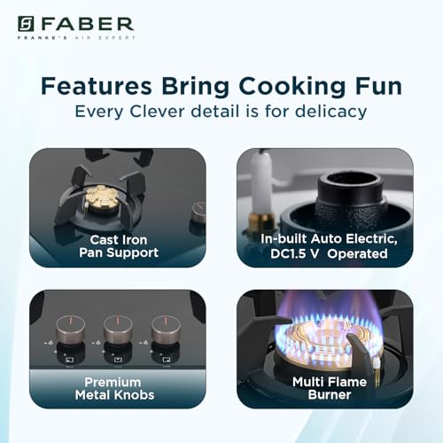 Faber 3 Burner 78Cm HOB |Auto Ignition | HOB PRIME HT783 CRS BR CI AI |Metal Knobs| Cast Iron Pan Support|HOB/Cooktop Hybrid|Black Glass Finish |5... - Image 5