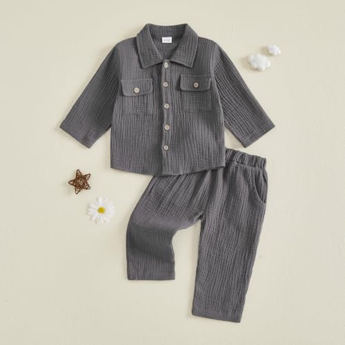 Image of VISGOGO Toddler Boy Linen Outfit Baby Boy Fall Winter Clothes Set Button-Down Shirt Tops Cotton Linen Pants 2PCS