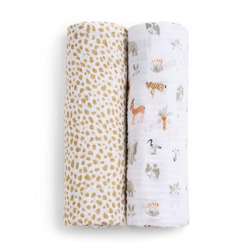 Image of aden + anais Essentials Cotton Muslin Swaddle, Breathable Baby Blanket, Ideal for Boys, Girls, Newborns, Babies & Infants, Receiving Blanket, Soft and Lightweight Wrap, 2 Pack, Giraffe Safari