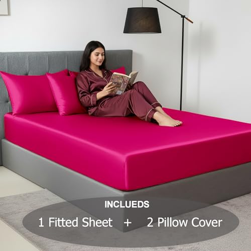 Image of Soft and Silk Satin Fitted Bedsheet for Single Size 36X75 +12 in - Elastic Fitted Sheet 400 TC Hotel Collection for Bedroom | Fitted Sheet with Pillow Cover Hot Pink, Single Bed