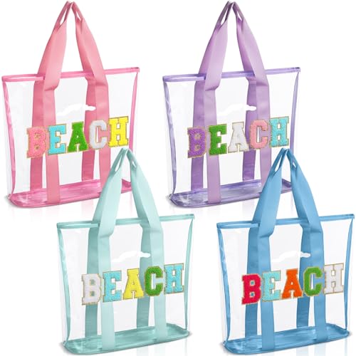 4 Pcs Chenille Letter Beach Tote Bag Waterproof PVC Preppy Bags with Nylon Handles Large Clear Beach Tote Bag Transparent Travel Stadium Tote for Women Summer Pool Party