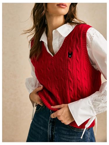 Women's Embroidery Cable Knit Sweater Vest V Neck Knitted Casual Sleeveless Sweater Pullover Top3