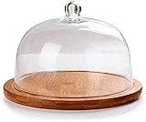 CHFYIJYHM Soporte para tartas con tapa, bandeja de madera para aperitivos, cúpula de cristal, postres, ensaladas, frutas, conserva, servidor, bandeja decorativa para servir (21 x 21 x 14 cm)
