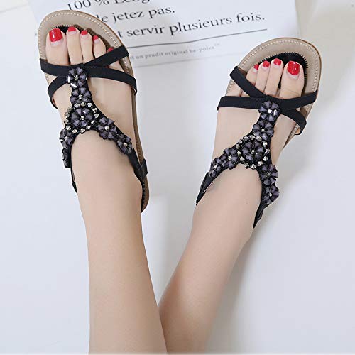 Women's Flat Sandals Bohemia Beaded Crystal Open Toe Sandal Summner Beach Ankle Strap Comfort Slip-On Ladies Sandal For Oceanside Holiday Outdoor Black 8.5 #TOP5