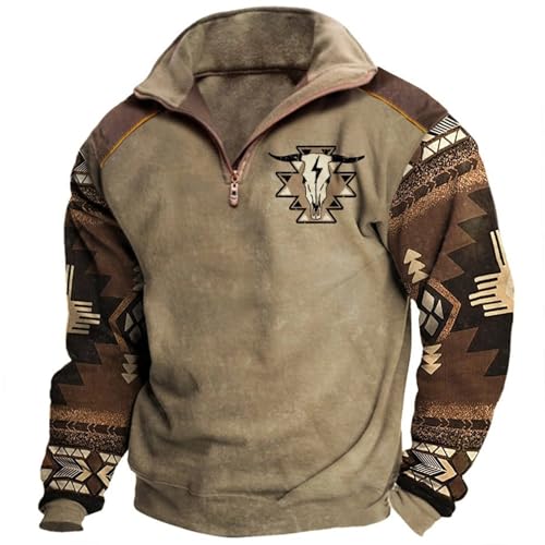 Vintage Western Aztec Mens Sweatshirts Retro Cow Skull Graphic Casual Long Sleeve Quarter Zip V-Neck Pullover Tops