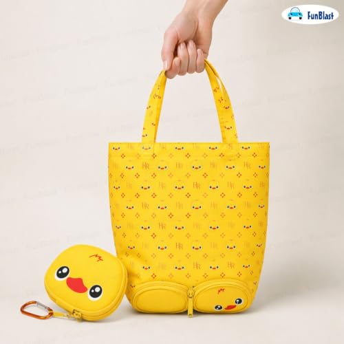 Image of FunBlast Foldable Shopping Bag - Cartoon Design Carry Bag with Zipper Pouch, Foldable Tote Bag for Girls & Women, Multipurpose Reusable Pouch Bags, Lightweight Travel Handbag with Handle Strap (Duck)