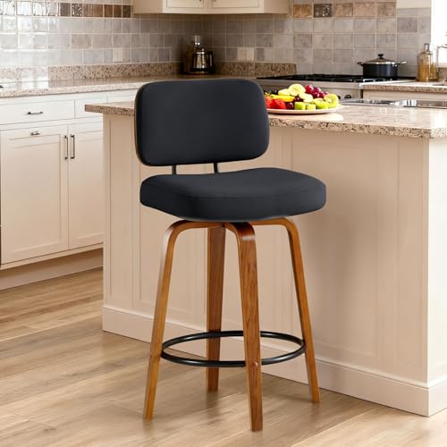 Image of Counter Height Bar Stools Set of 1, 26+inch Swivel Faux Leather Barstool with Back, Upholstered Mid-Century Modern Bar Chairs with Bent Wood Legs for Kitchen Counter, Dining Room, Black