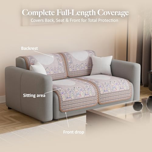 Image of Kuber Industries 2 Seater Sofa Cover | Slipcover for Living Room | Thick & Cozy | Non-Slip Comfort Sofa Cover Set Set | Rajasthani Border Malibu 1351 - Brown