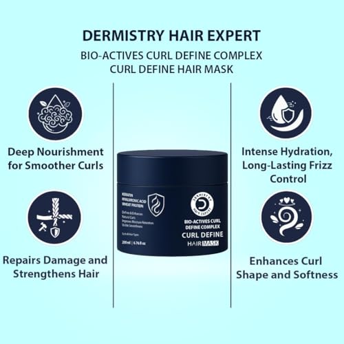 Image of Dermistry Keratin Curl Defining Hair Mask with Hyaluronic Acid Protein Arginine for Curly Dry & Frizzy Hair Deep Hydration Curl Retention & Moisturization Smooth & Defined Curls for Men & Women 200ml