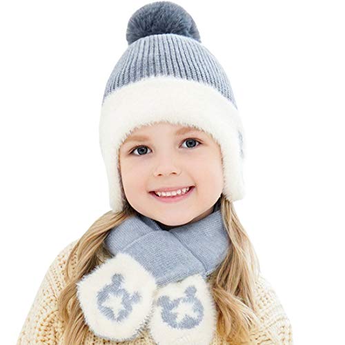 YONKINY Bufandas del Bebé Gorros con Pompon Y Bufanda de Cuello Lindo Sombreros de Punto de Invierno para Niñas 1-6 Años de Edad (Gris) Cover