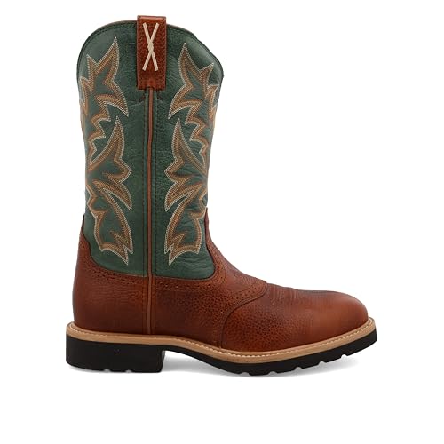 Twisted X Men's 12" Western Work Boot, Round Toe Steel Toe, Cognac Glazed Pebble & Dark Green, 11 D4