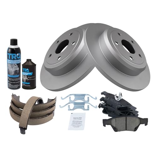 Image of TRQ Rear Brake Pad & Rotor Kit, with Chemical Kit Parking Brake Shoe Set Ceramic Premium G-Coated Compatible with 2011-2019 Dodge Durango Jeep Grand Cherokee