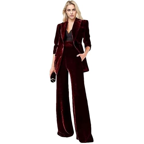 Women's 2 Piece Velvet Suit Office Work Suit Notch Lapel Double Breasted Blazer Pants Business Suit Set