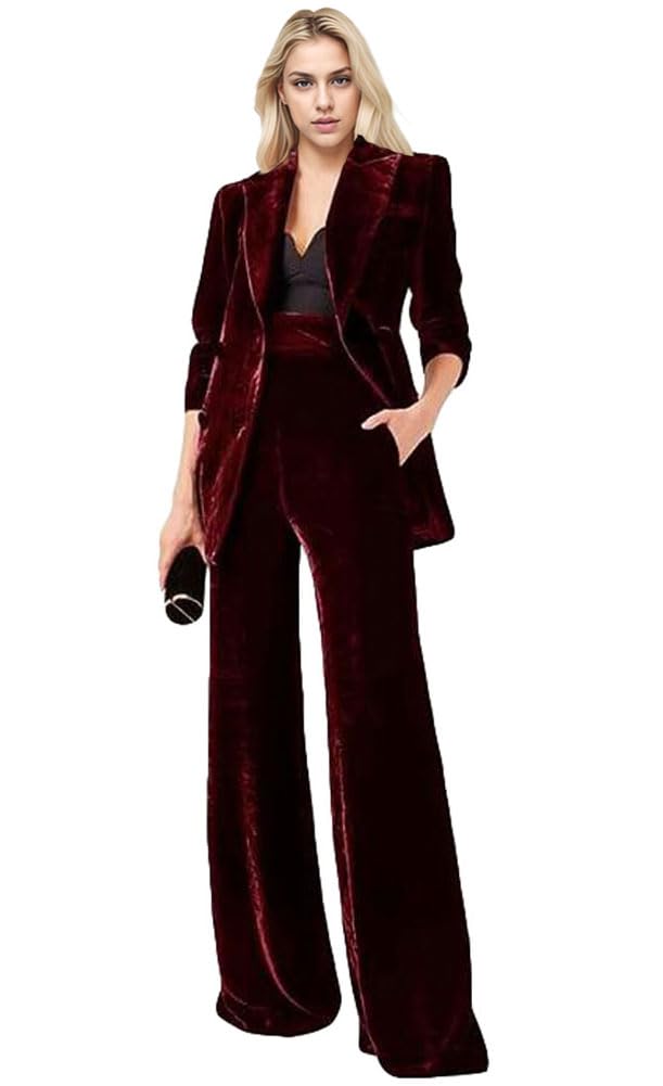 Botong Women's Velvet Pant Suit - 2 PC Double Breasted Prom Suit with Peak Lapel, Burgundy, Medium