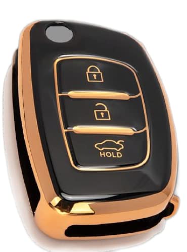 Image of TPU Car Key Cover Black & Golden Compatible for Hyundai I20 Elite, I10 Grand, Old Creta, Xcent, Verna (Hyundai, 3 Button Flip Key)