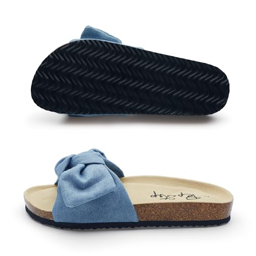Image of PepStep Slide Sandals for Women or Ladies Dressy Summer Casual, Cute Bow Tie Knot On Top Strap, Comfy Slip On Cork Foot Bed